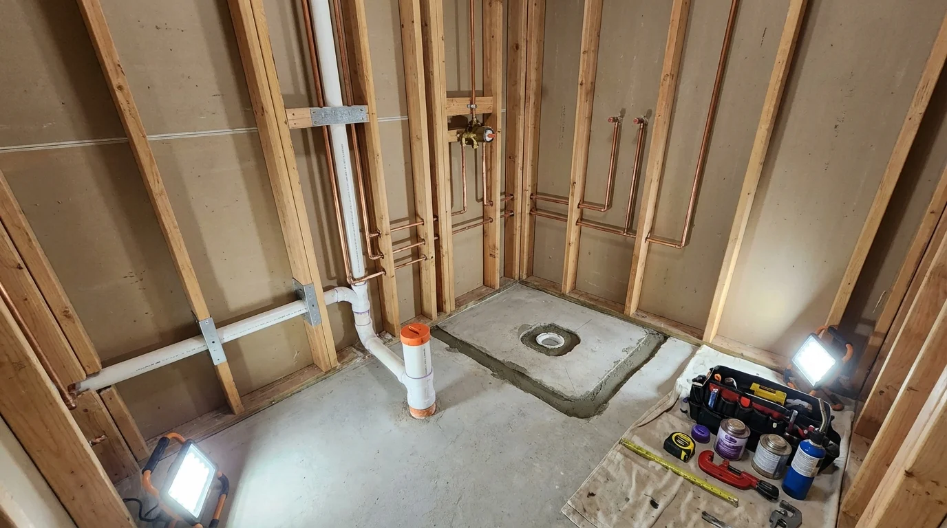 Bathroom rough-in plumbing during remodel by Johns Plumbing LLC in Woodlawn