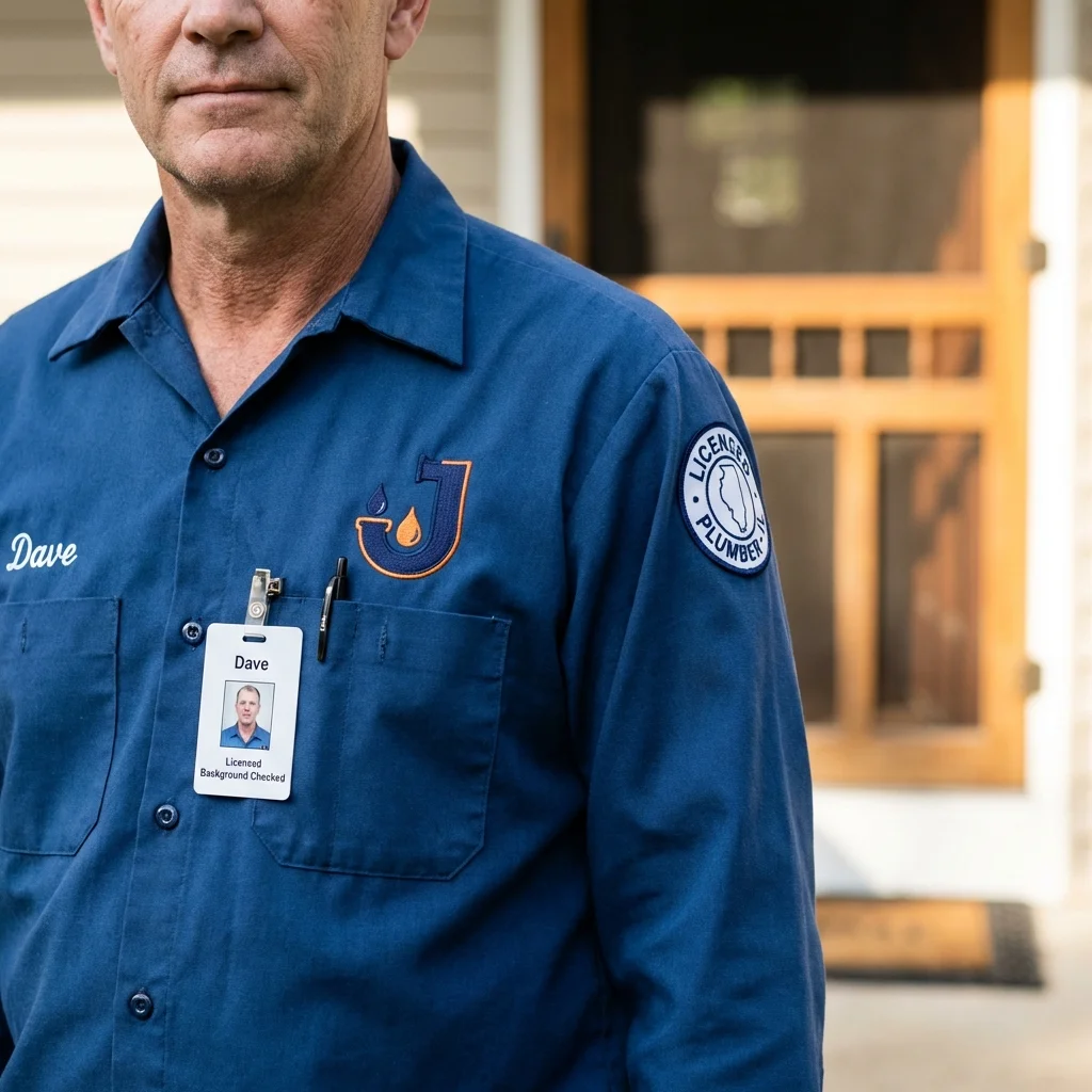 Licensed plumber showing ID badge in Woodlawn, IL