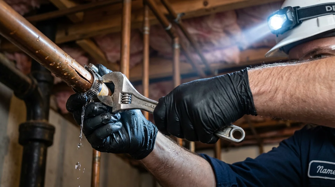 Emergency pipe clamp repair being performed by a Johns Plumbing LLC plumber in Woodlawn