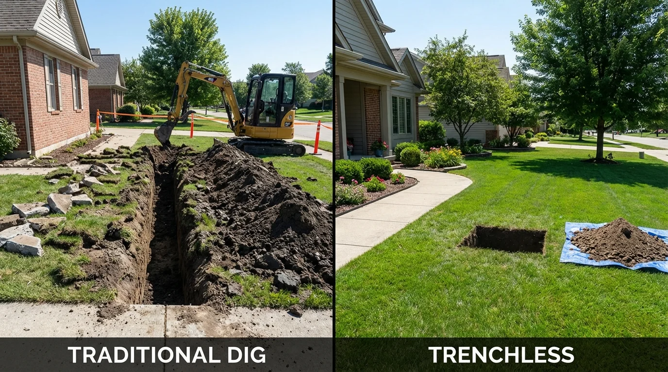 Trenchless sewer repair with minimal yard damage versus traditional excavation in Woodlawn, IL