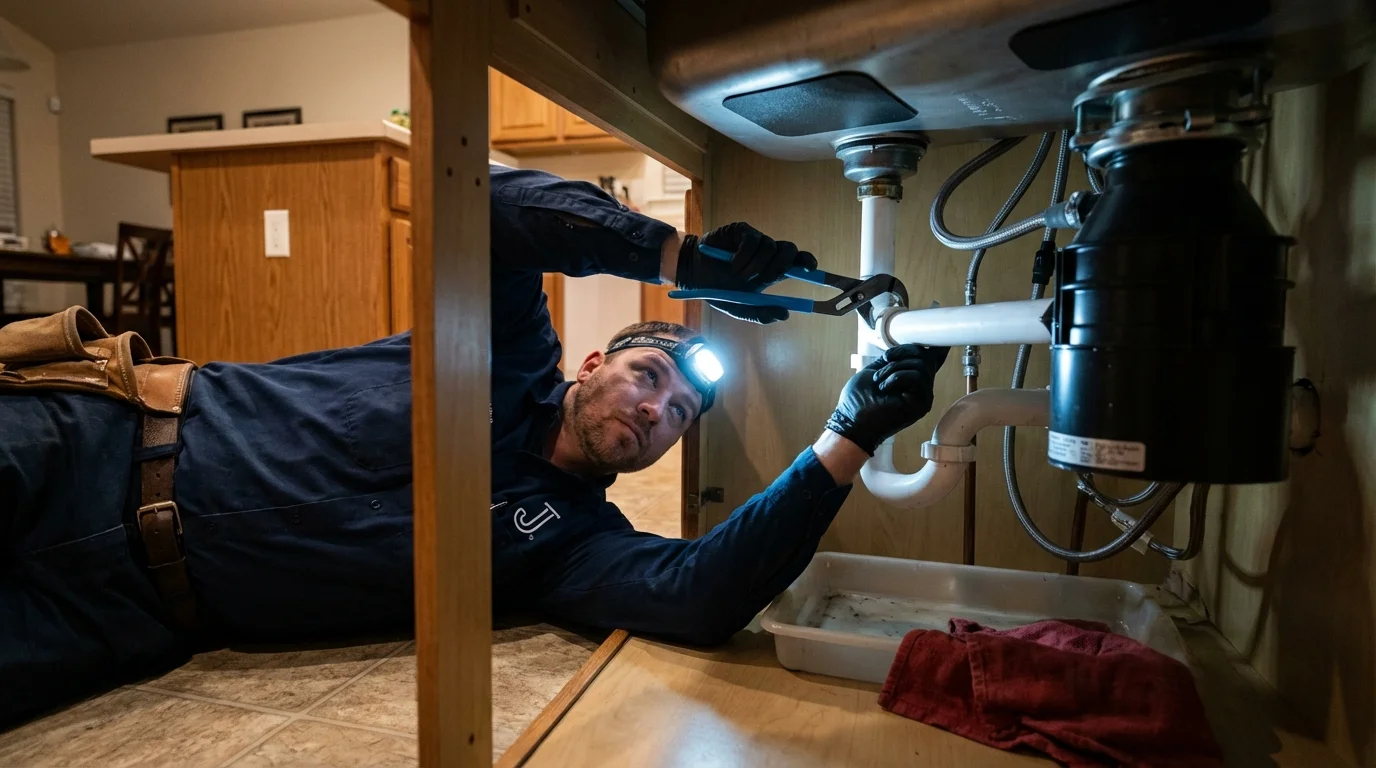 P-trap and supply line connections under a kitchen sink showing a common leak point in Woodlawn, IL